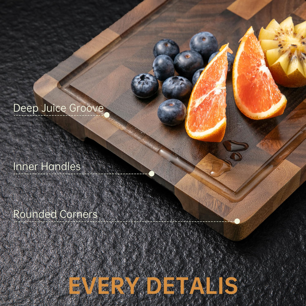 Thetchry walnut board highlights durable wood and sturdy construction