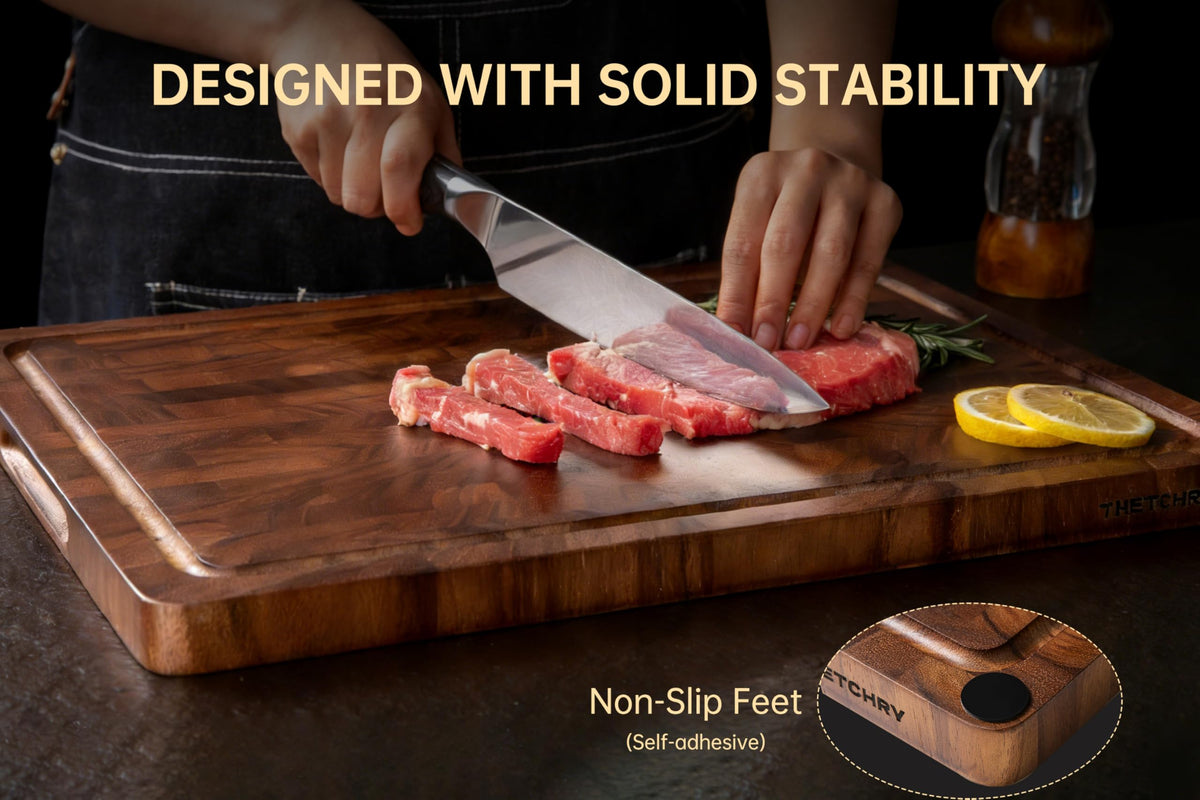 Thetchry walnut cutting board juice groove to prevent spills on counters.