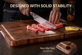 Thetchry walnut cutting board juice groove to prevent spills on counters.