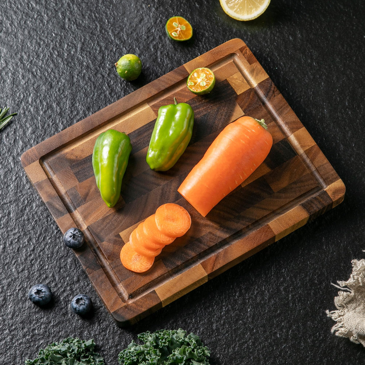 Thetchry walnut cutting board showing knife-friendly surface for precise slicing