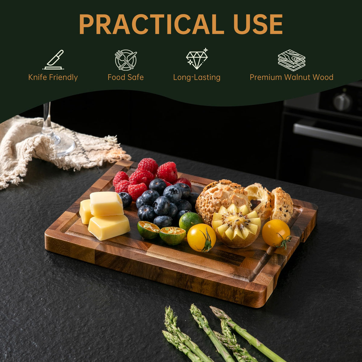 Thetchry walnut cutting board with non-slip feet for stable prep