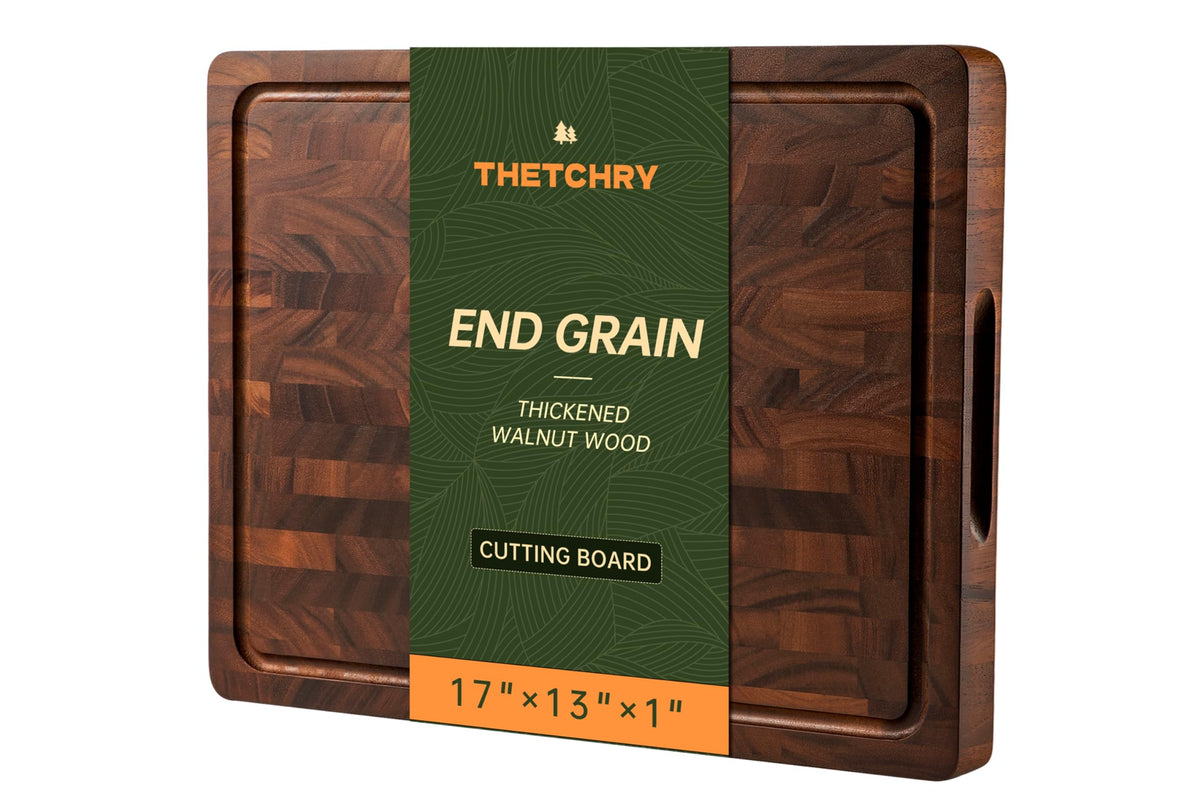 Thetchry walnut end grain cutting board top view, durable surface for daily meal prep.