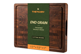 Thetchry walnut end grain cutting board top view, durable surface for daily meal prep.
