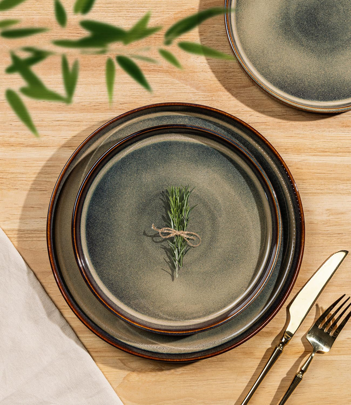 TheTerra Coca Mocha dinnerware stack in a kitchen demonstrates space-saving, easy storage.