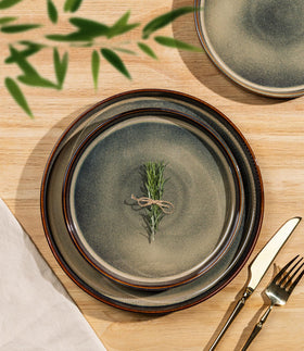 TheTerra Coca Mocha dinnerware stack in a kitchen demonstrates space-saving, easy storage.