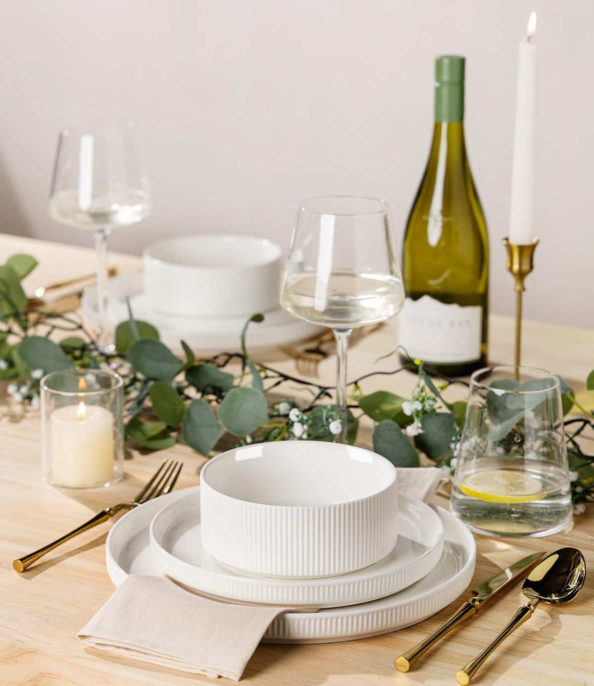 TheTerra stackable dishware on a shelf saves space.