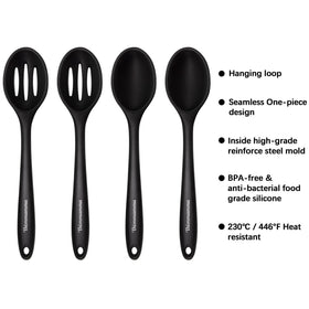 Thimmamma silicone slotted spoon draining liquids without scratching nonstick pans.