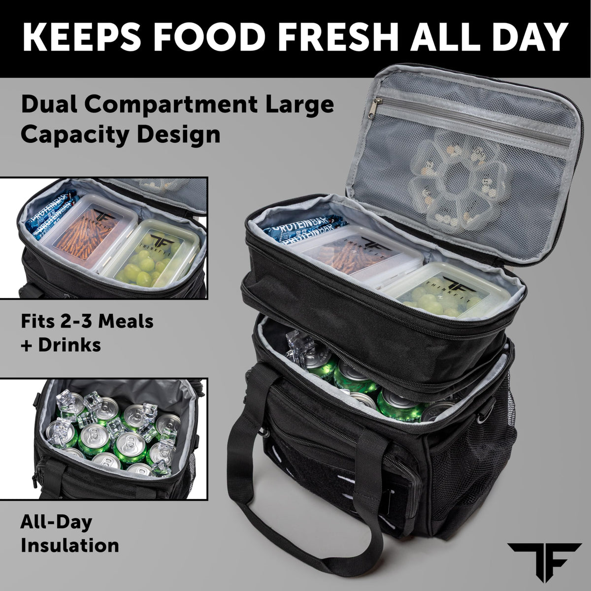 Large capacity with multiple compartments for full day of meals and drinks.