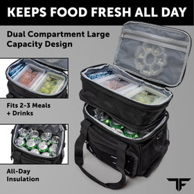 Large capacity with multiple compartments for full day of meals and drinks.