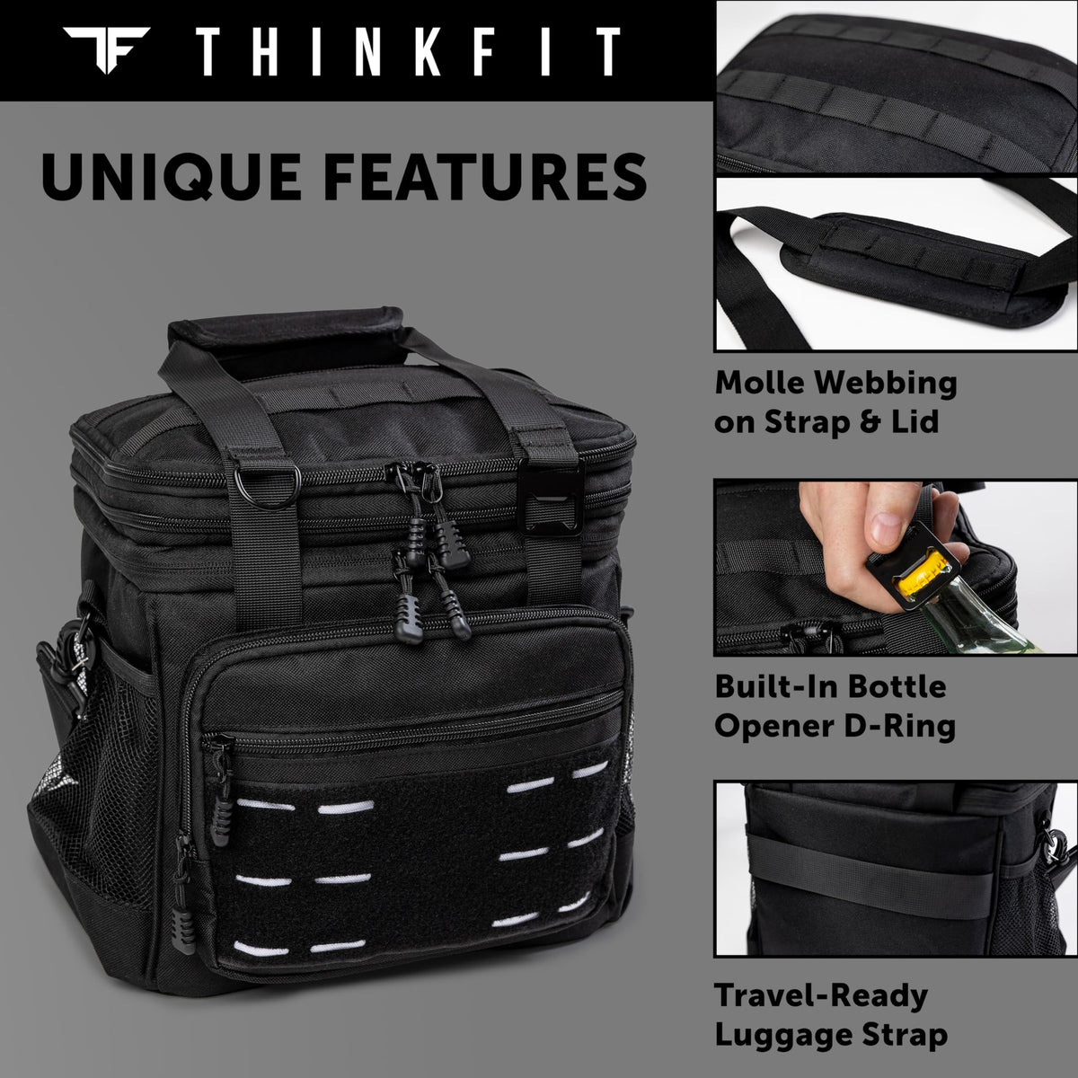 MOLLE system on ThinkFit lunch box enables attaching extra pouches and gear.