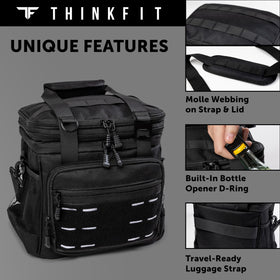 MOLLE system on ThinkFit lunch box enables attaching extra pouches and gear.