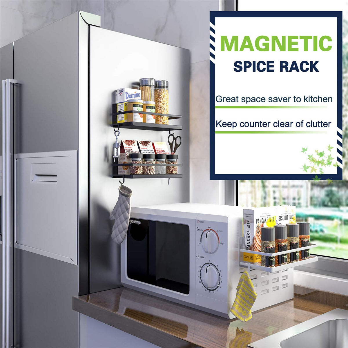 Thipoten magnetic shelf mounted on a microwave or fridge reveals versatile storage options.