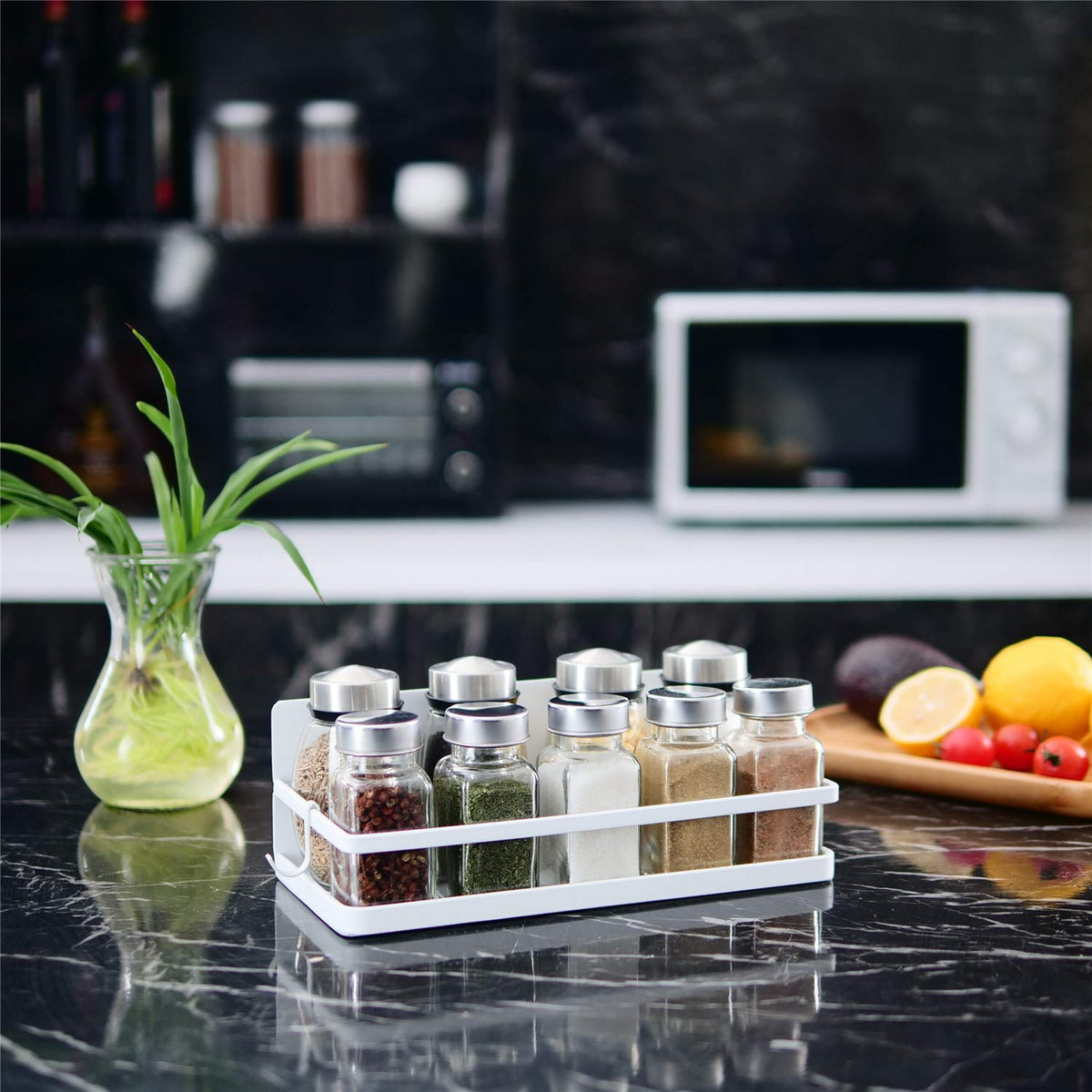 Thipoten spice organizer with two removable hooks adds versatile organization.