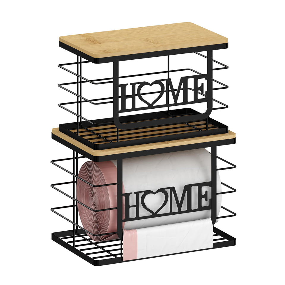 Thipoten trash bag holder with bamboo top keeps cabinet organized.