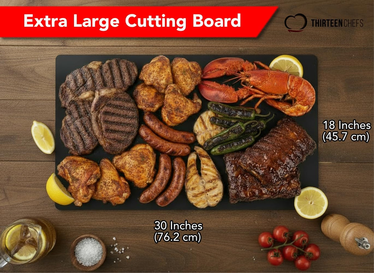 Thirteen Chefs 30x18 cutting board demonstrates oversize use in a pro kitchen