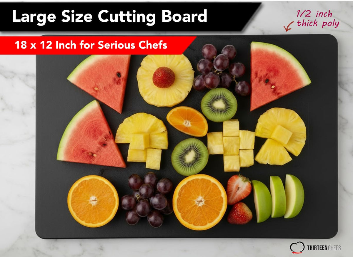 Thirteen Chefs black cutting board side view shows sturdy prep surface