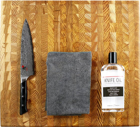Thirteen Chefs carbon steel knife with a thin oil film for protection.