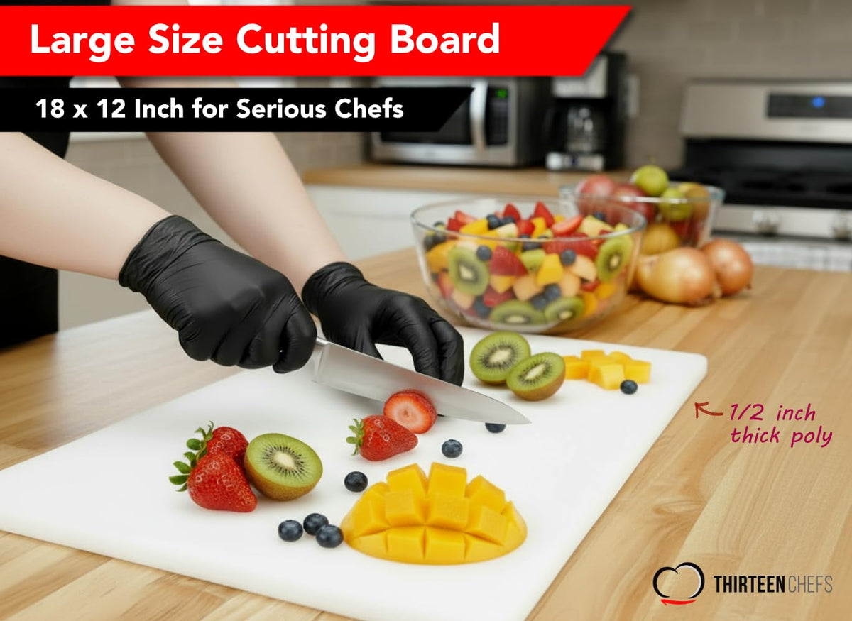 Thirteen Chefs cutting board 18x12 with half-inch thickness, durable for heavy chopping.