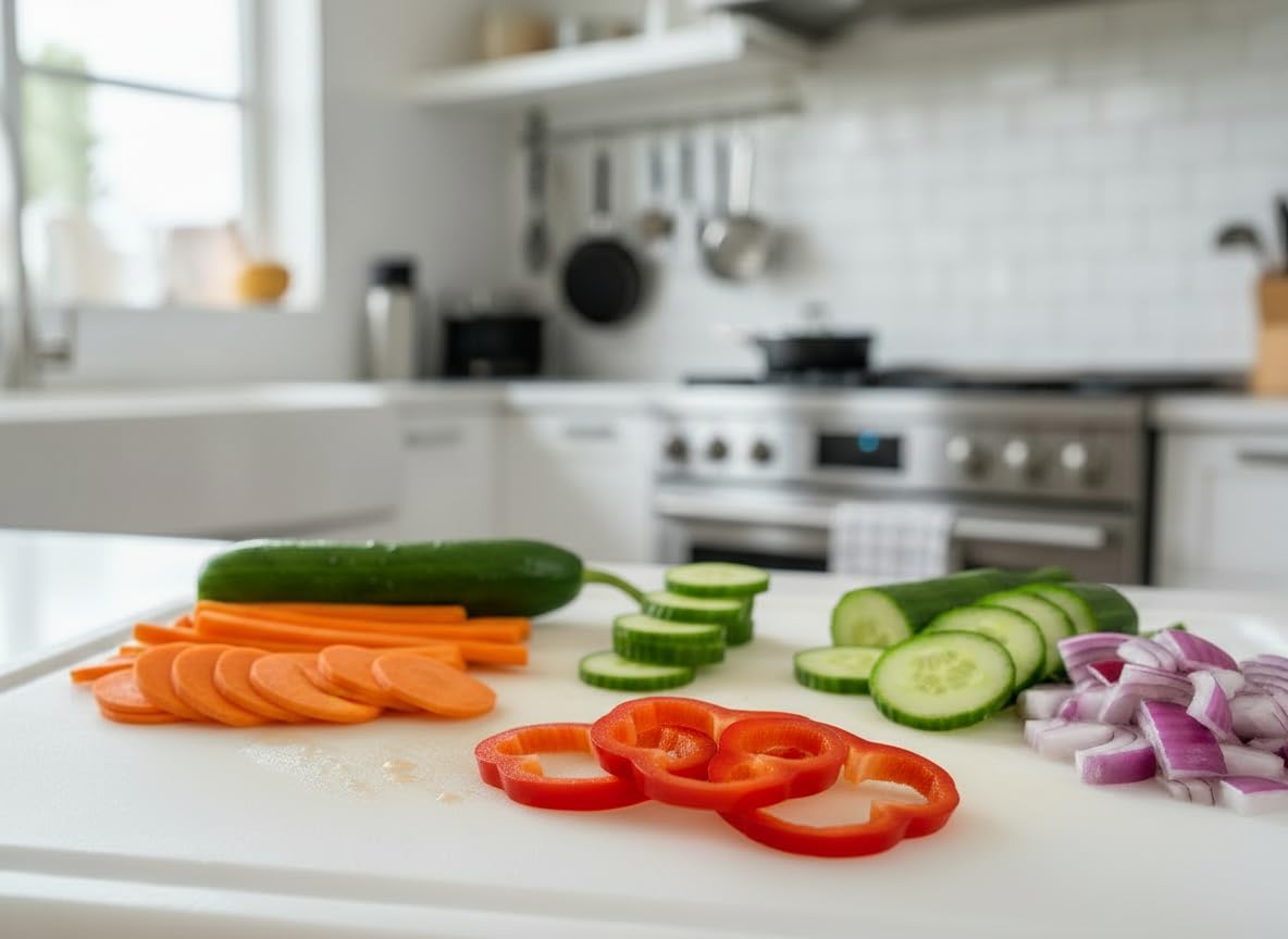 Thirteen Chefs board helps minimize counter mess during prep and service.