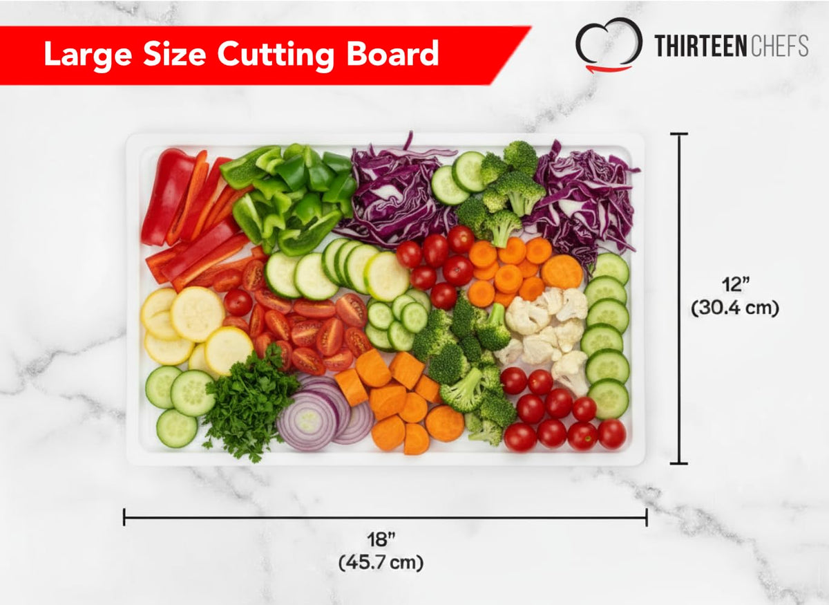Thirteen Chefs HDPE cutting board delivers durable, warp-resistant surface for heavy prep.