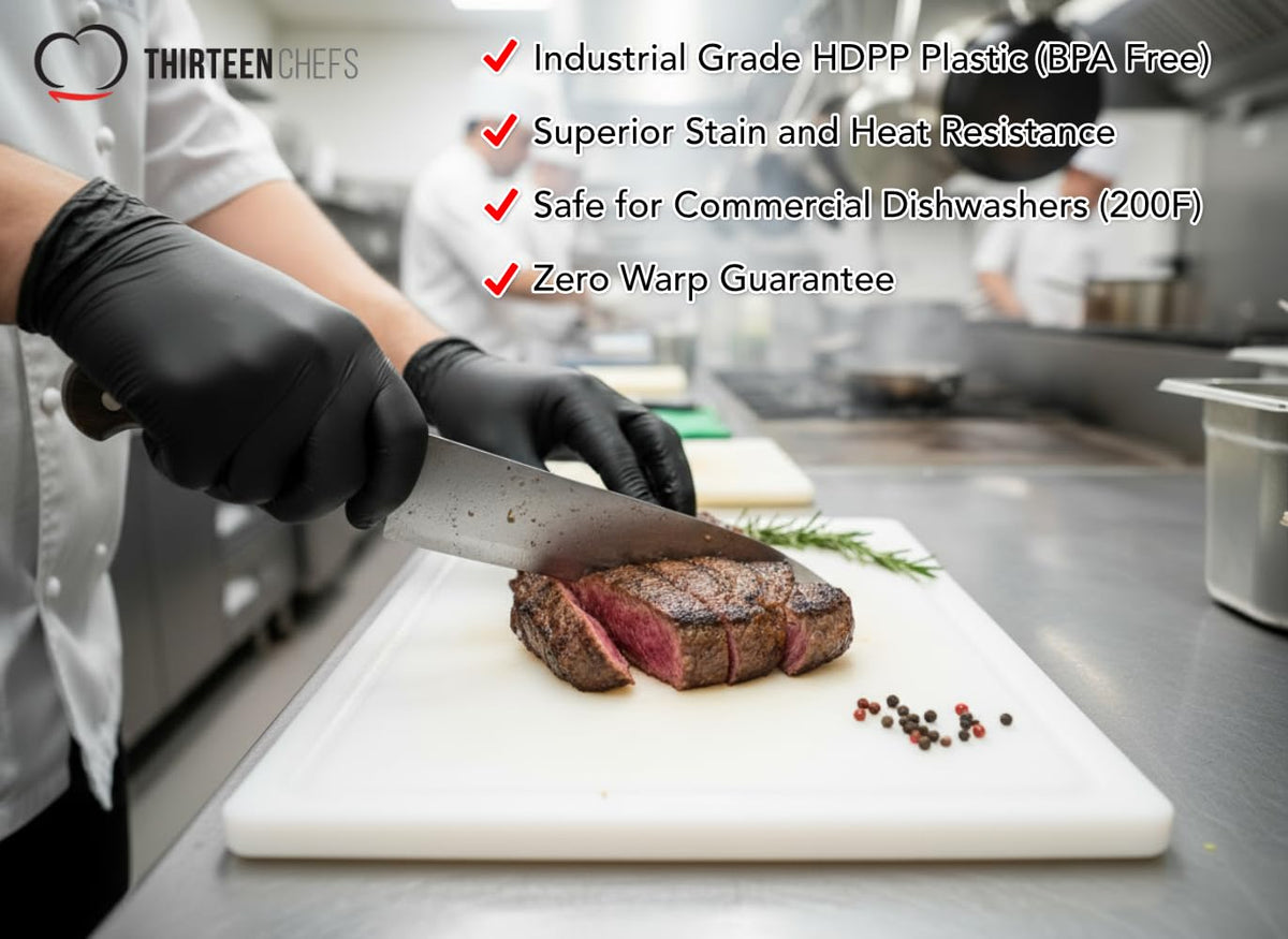 Thirteen Chefs board withstands high-temp dishwashing up to 180F in busy kitchens.