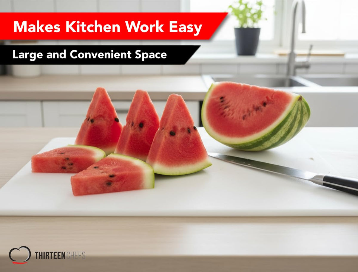 Thirteen Chefs cutting board versatile for meats and vegetables.