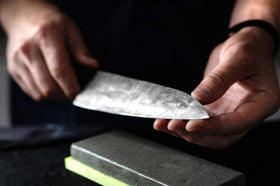Whetstone setup with Thirteen Chefs oil ready for sharpening.