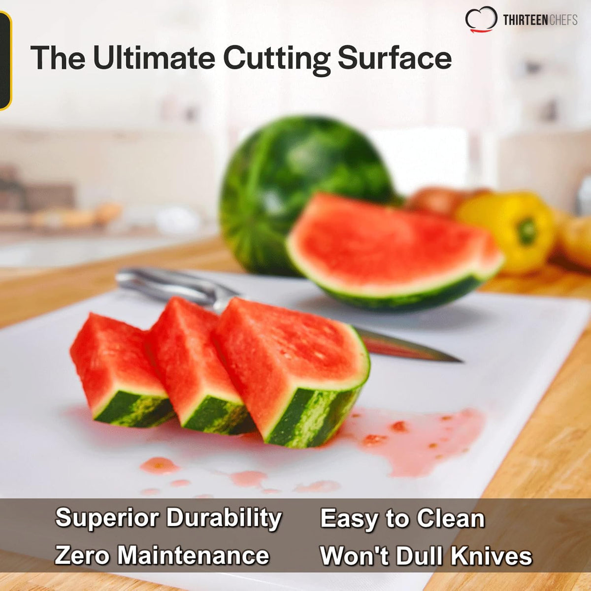Thirteen Chefs cutting board edge close-up showing 0.5-inch thickness