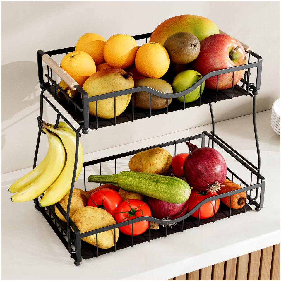 THKVESN 2-tier fruit basket on countertop for organized produce storage.