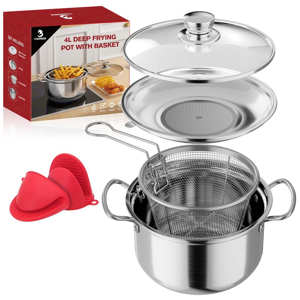 THORSES deep frying pot with basket and lid for safe, efficient frying at home.