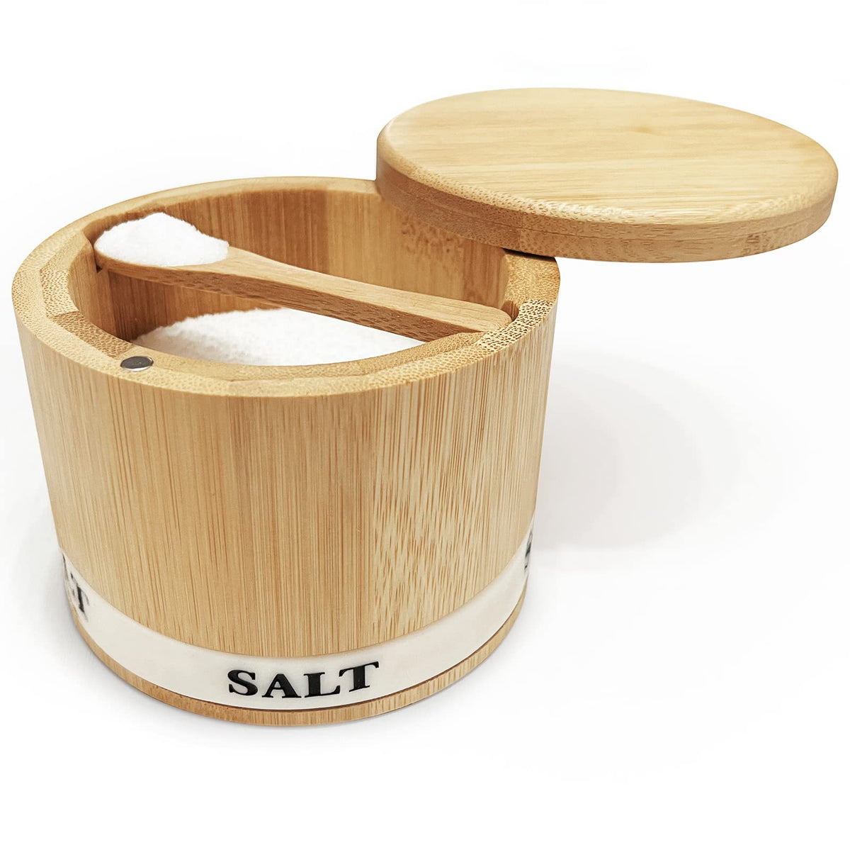 ThougrLyh salt box with swivel lid on the counter for easy, one-handed salt access.