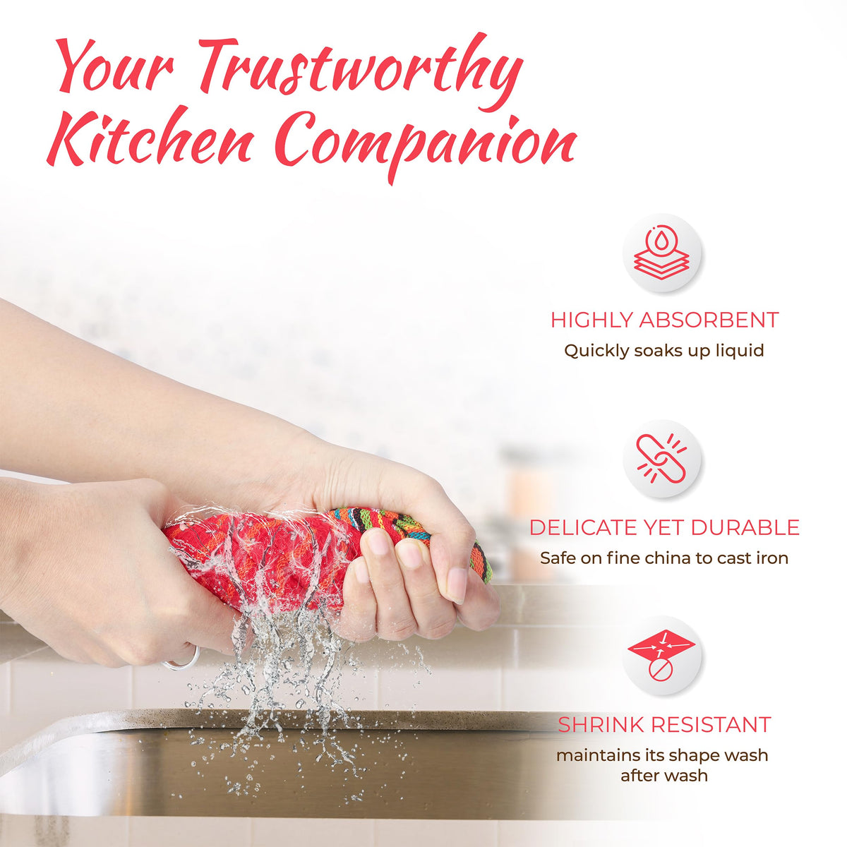 THREAD SPREAD color set towels brighten the kitchen with red, orange, green, and blue.
