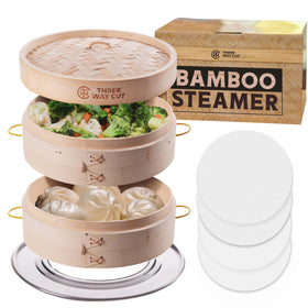 Three Way Cut bamboo steamer 10-inch two-tier with handles for effortless lifting.