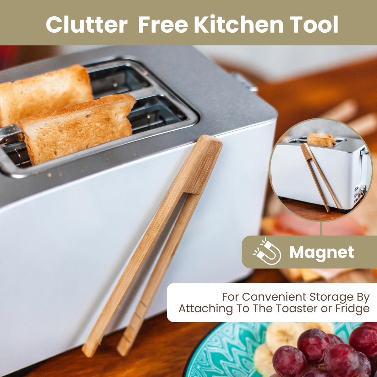 Three Way Cut bamboo toaster tongs grip bread safely, keeping fingers away from heat.