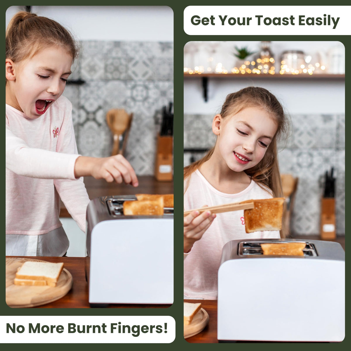 Three Way Cut Toaster Tongs 8-inch bamboo length for safe distance from heat.