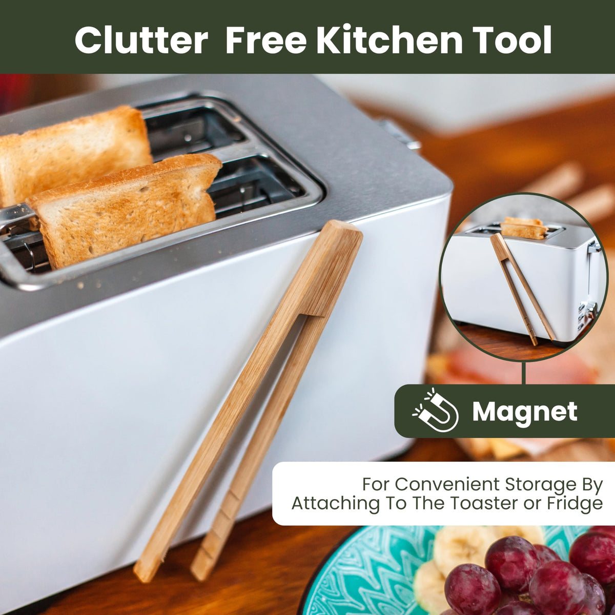 Three Way Cut Toaster Tongs bamboo design delivers toxin-free food handling.