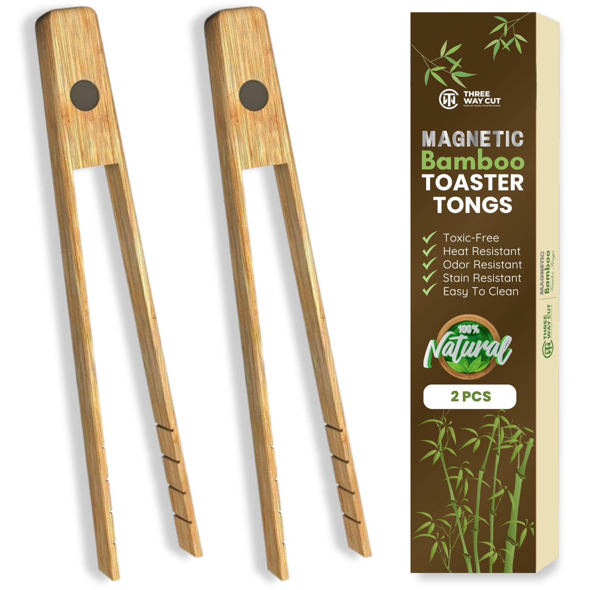 Three Way Cut bamboo toaster tongs with magnet, ideal for toast handling.