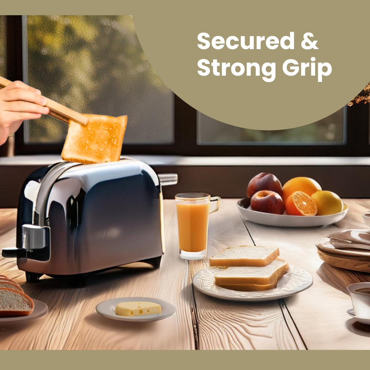 Three Way Cut toaster tongs for muffins and bagels, convenient and clean.