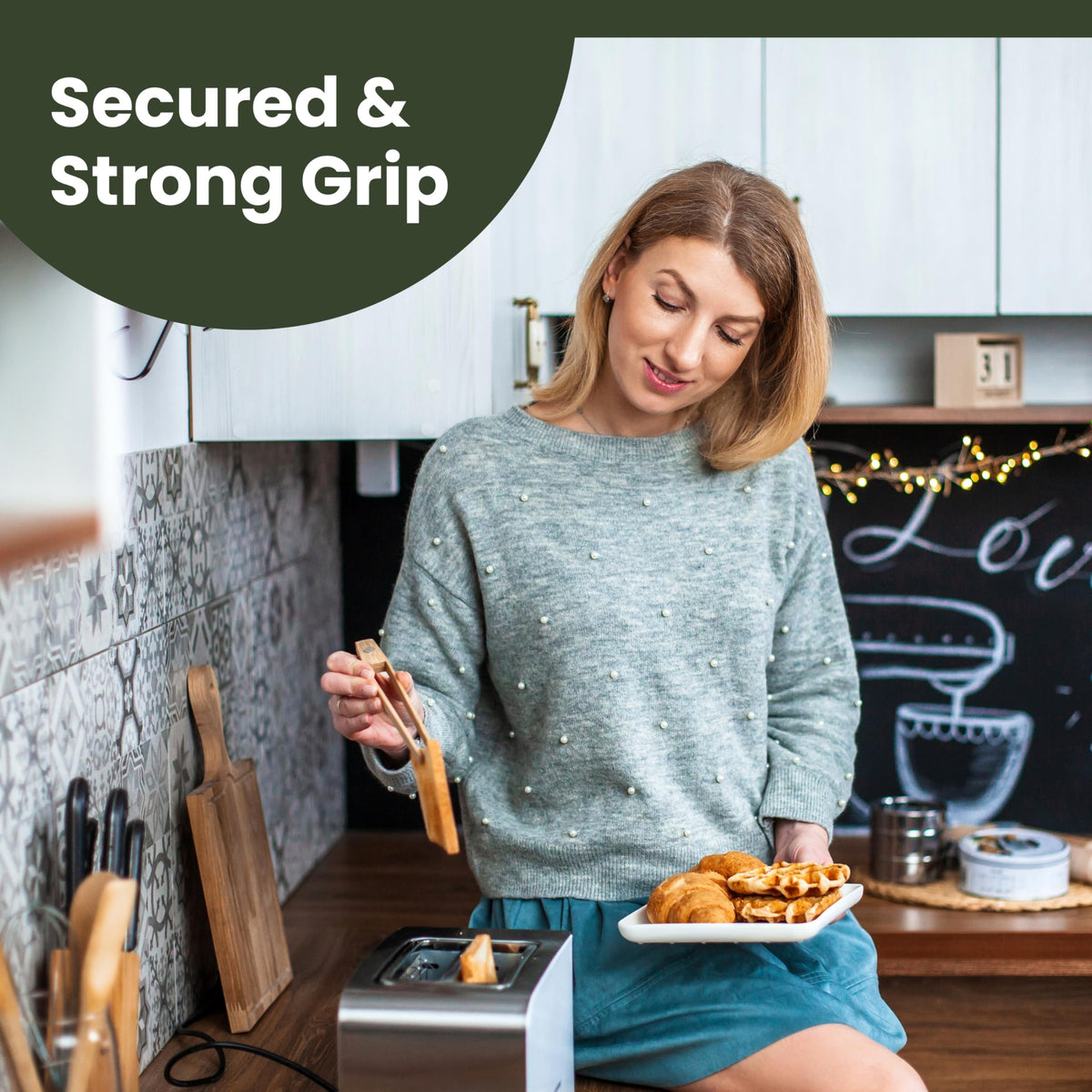 Three Way Cut Toaster Tongs multi-purpose use for serving bagels muffins or sweets.