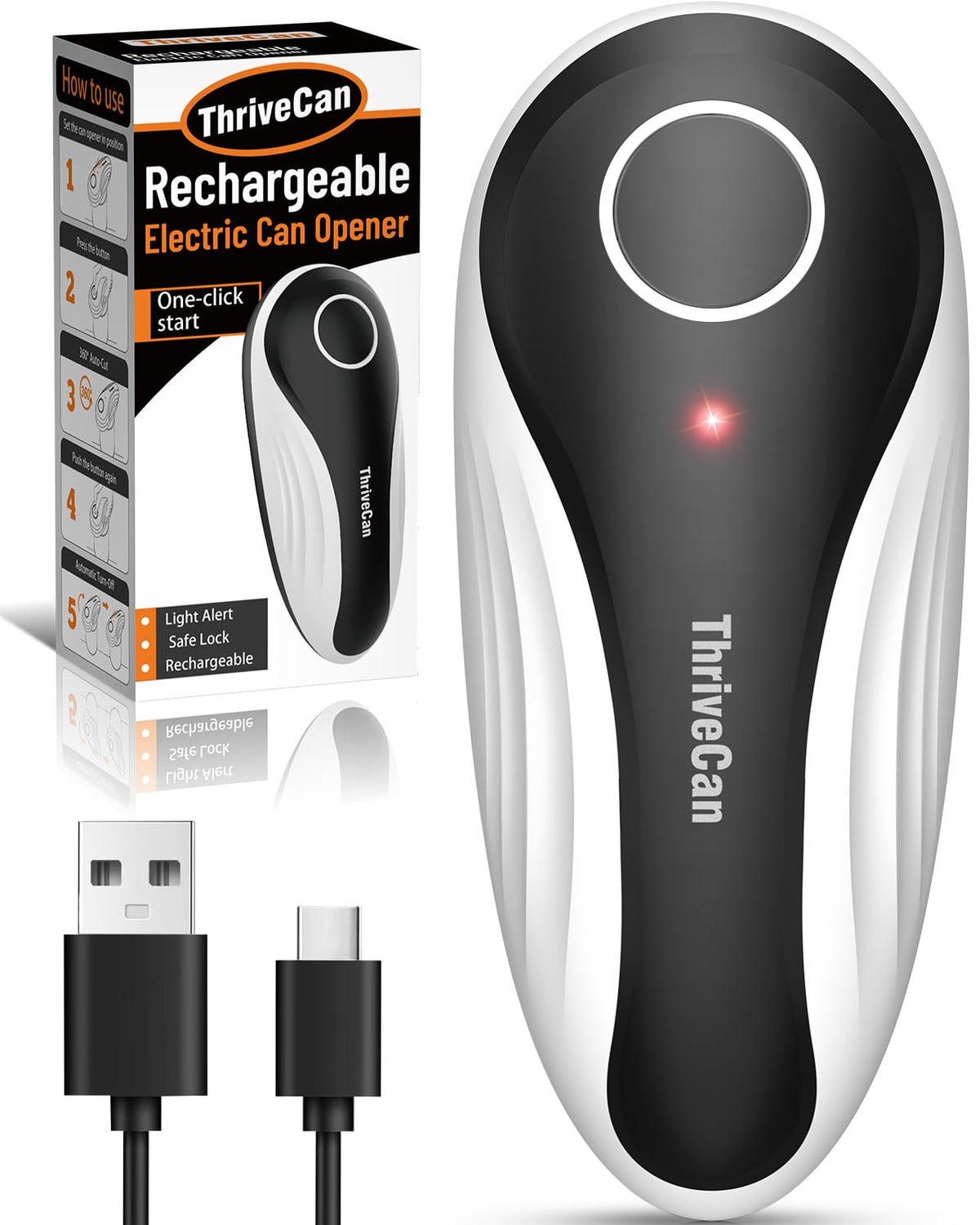 ThriveCan electric can opener in black demonstrates one-touch operation for easy opening.