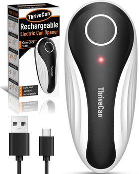 ThriveCan electric can opener in black demonstrates one-touch operation for easy opening.