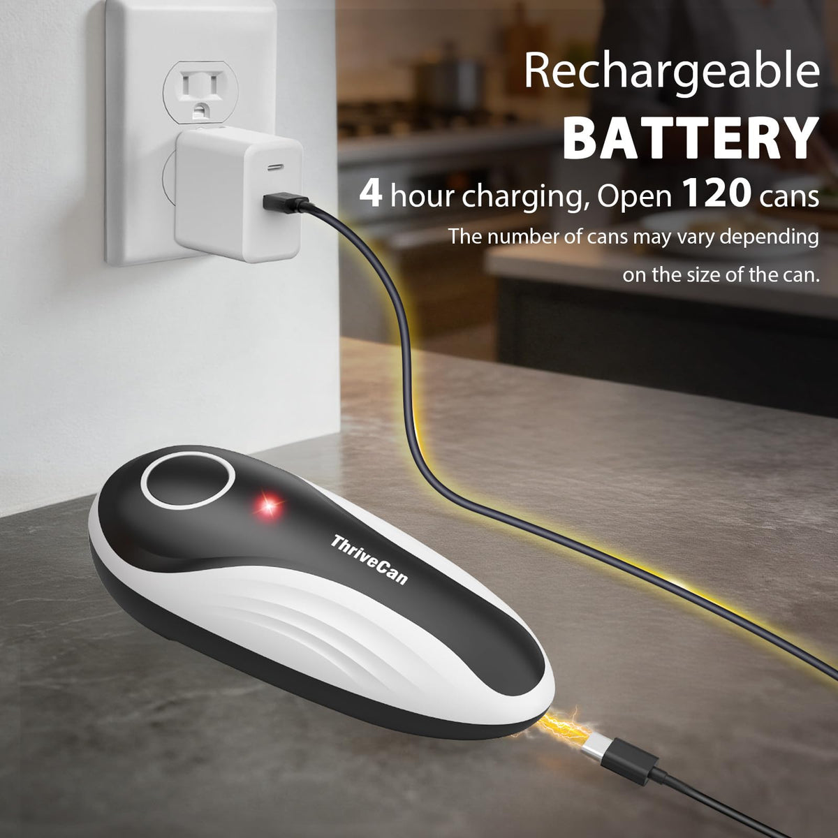 ThriveCan rechargeable can opener offers long battery life for daily kitchen use.