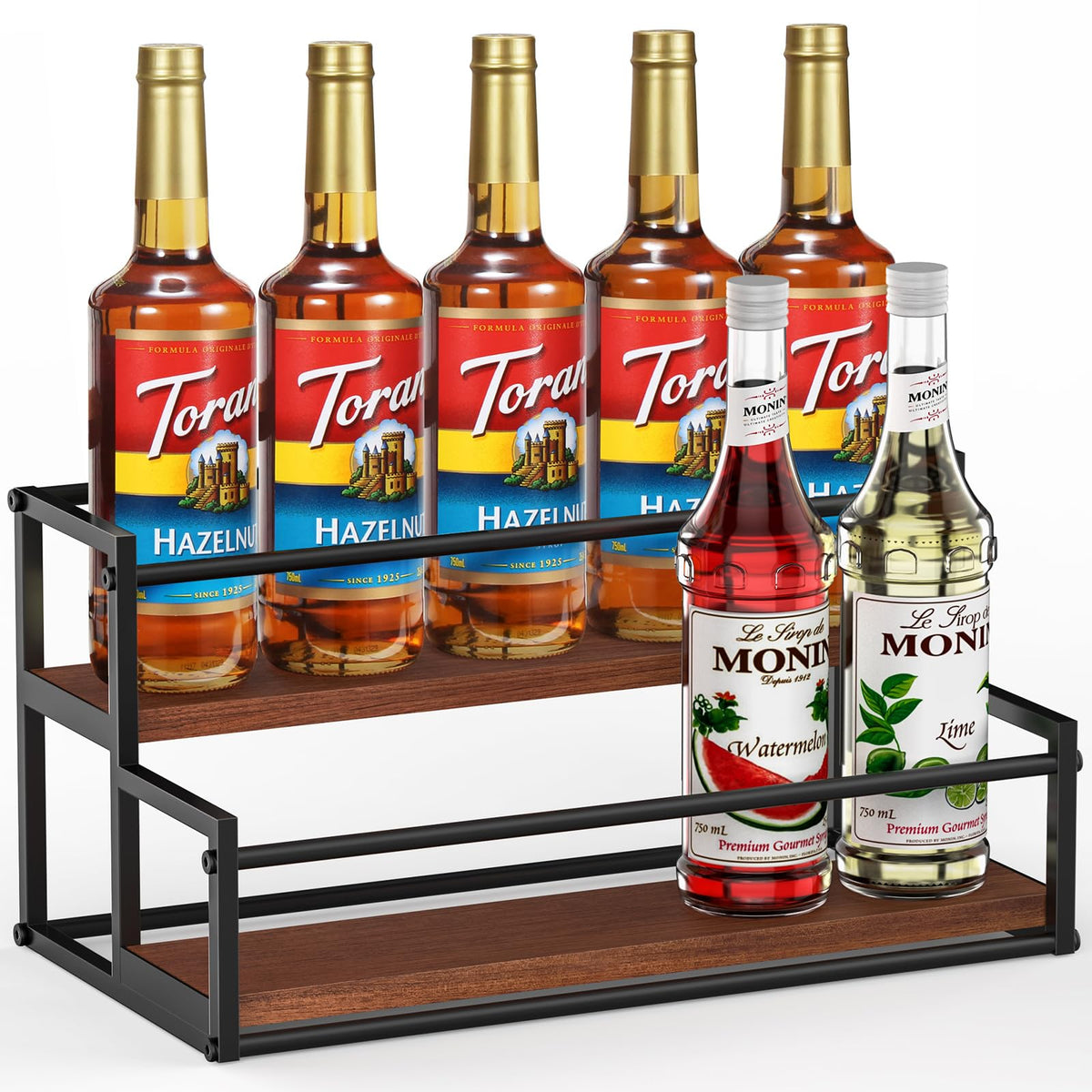 THYGIFTREE coffee syrup rack 2-tier keeps syrups organized on a sturdy matte black frame.