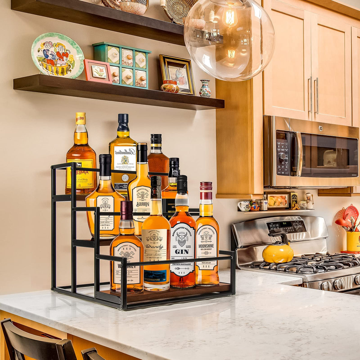THYGIFTREE countertop organization helps keep syrups and oils within reach.