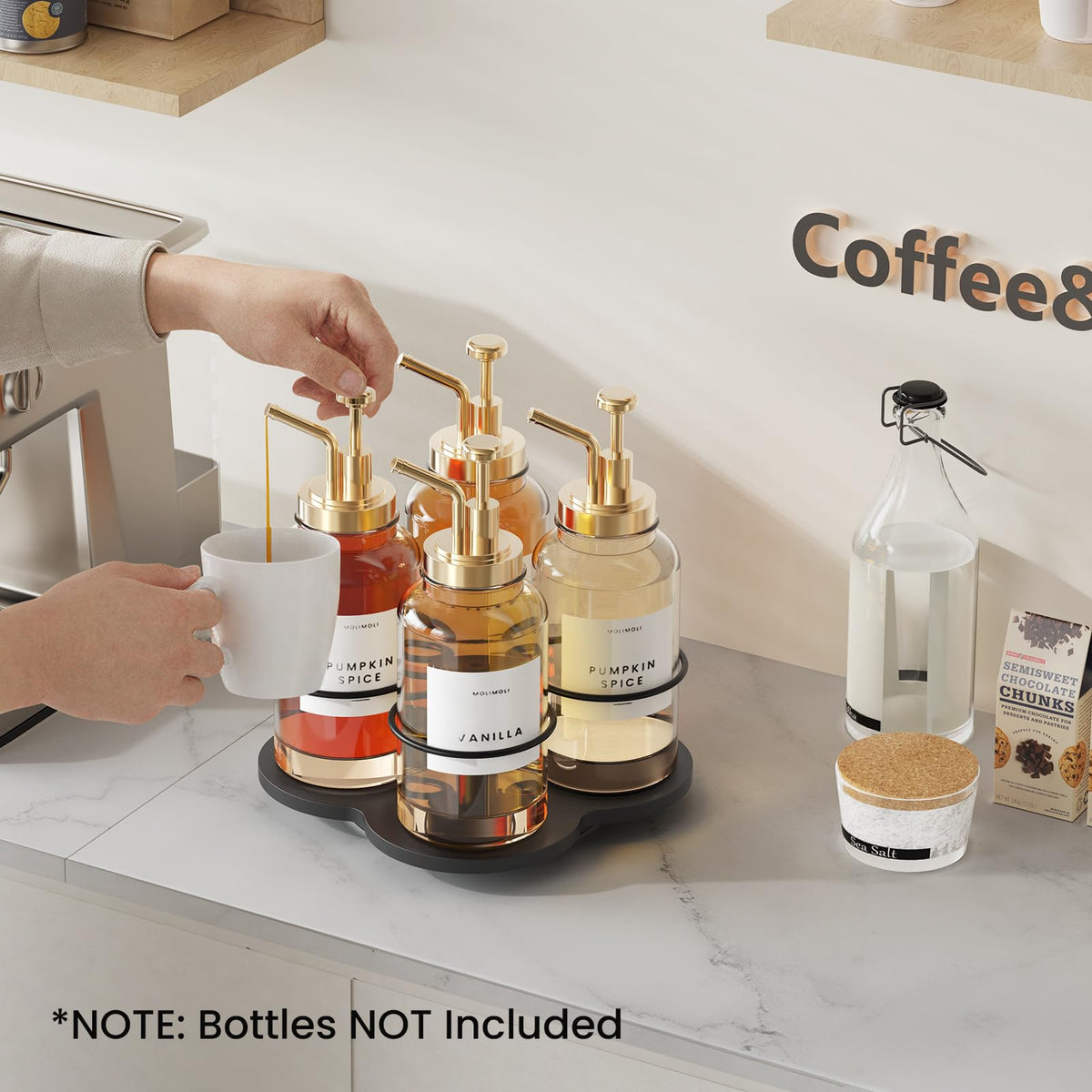 THYGIFTREE four-bottle syrup rack keeps popular flavors organized and within reach.