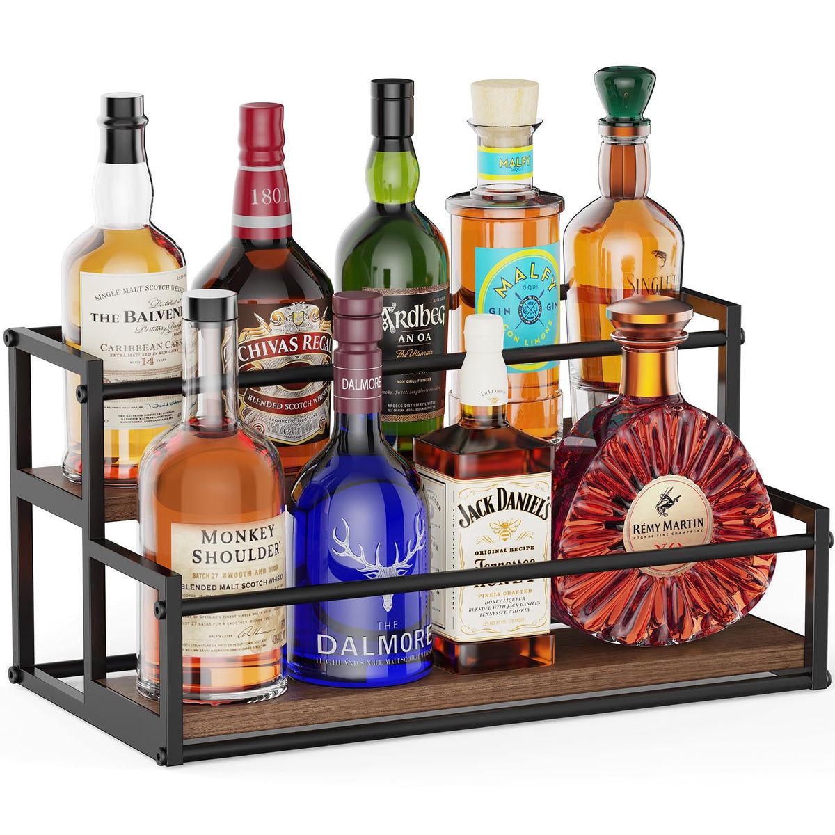 THYGIFTREE liquor display shelf with two tiers for organized bottle showcases.