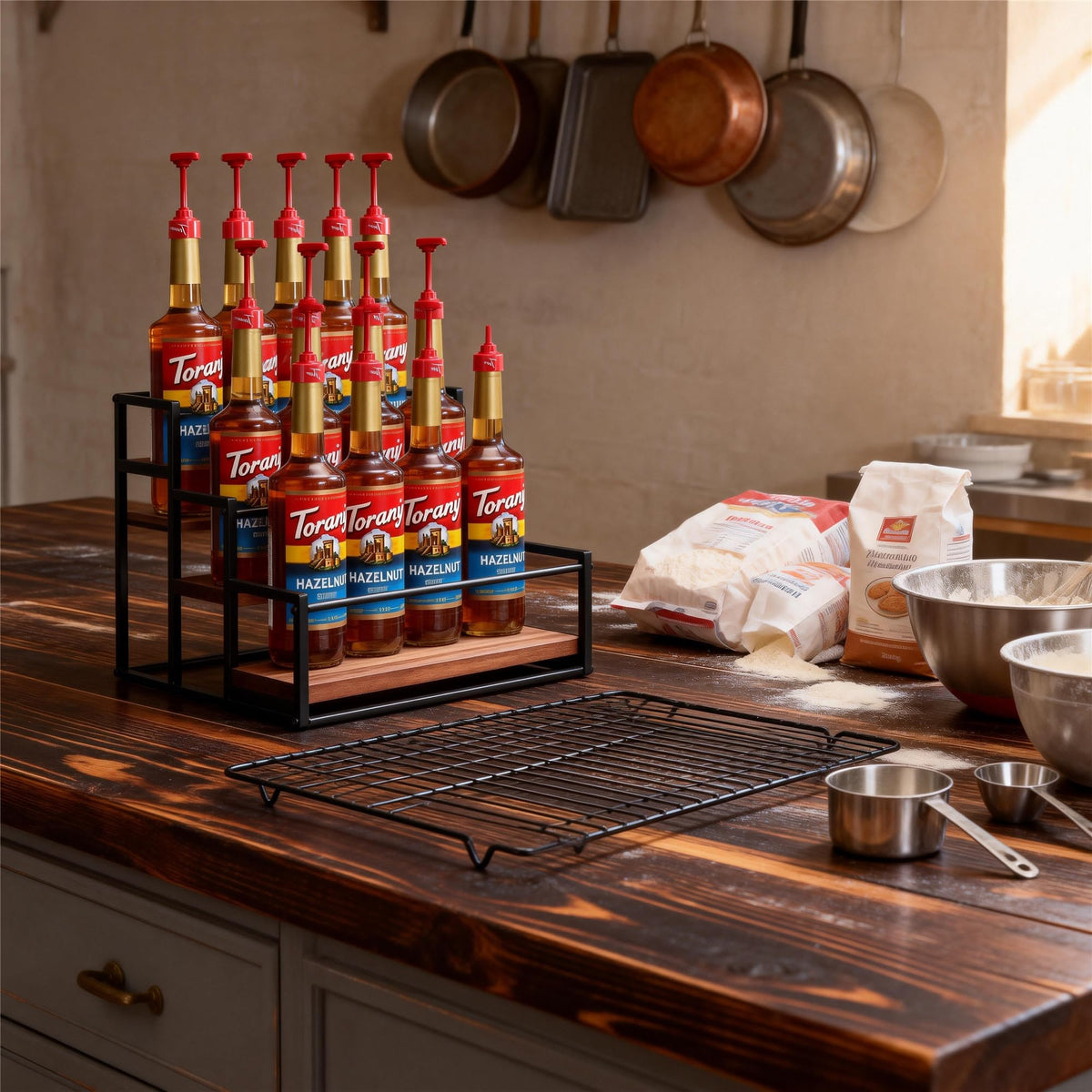 THYGIFTREE versatile rack holds syrups, oils, vinegars, and spices.