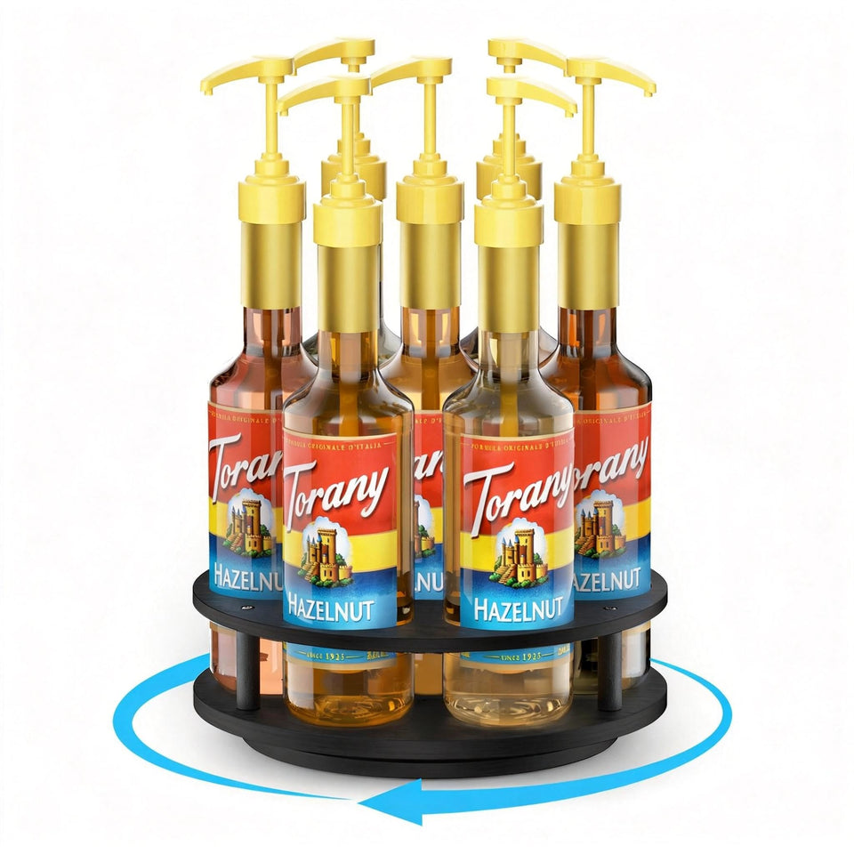 THYGIFTREE rotating syrup organizer for seven syrups at a coffee bar