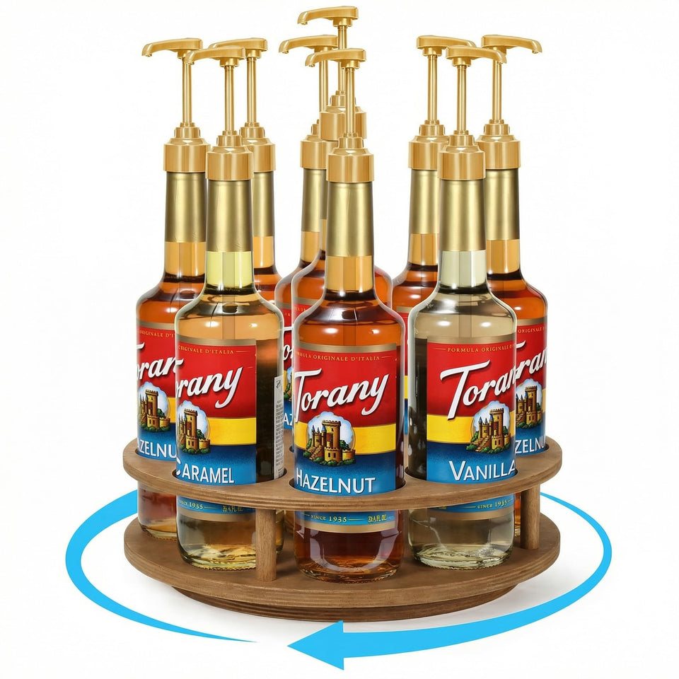 THYGIFTREE rotating syrup organizer on countertop keeps 9 flavors within easy reach.