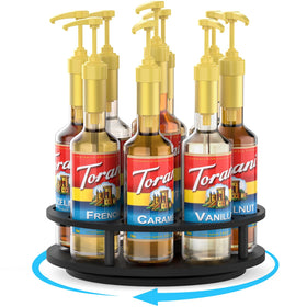 THYGIFTREE rotating syrup organizer on countertop offers easy access to nine flavors.